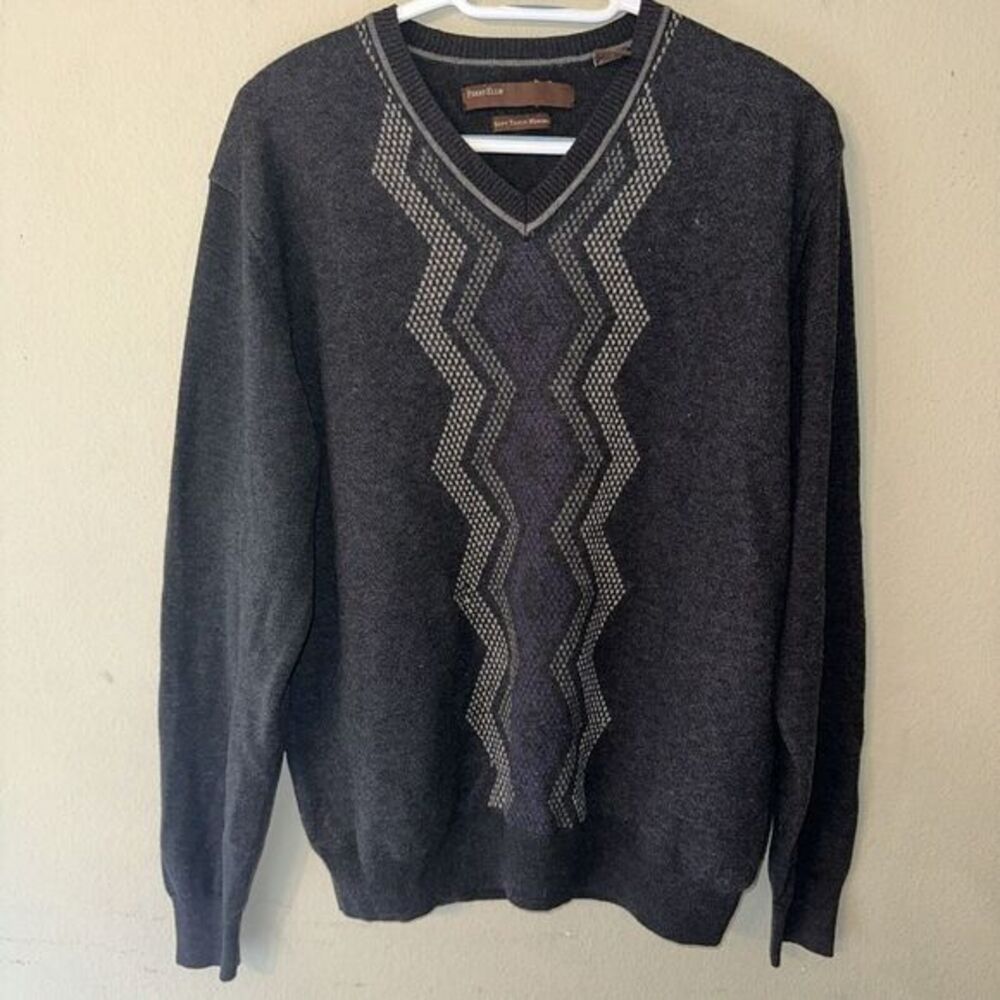 Perry Ellis MerinoSweater Large Mens GreyPrint Long Sleeve V-Neck Pullover‎ L
